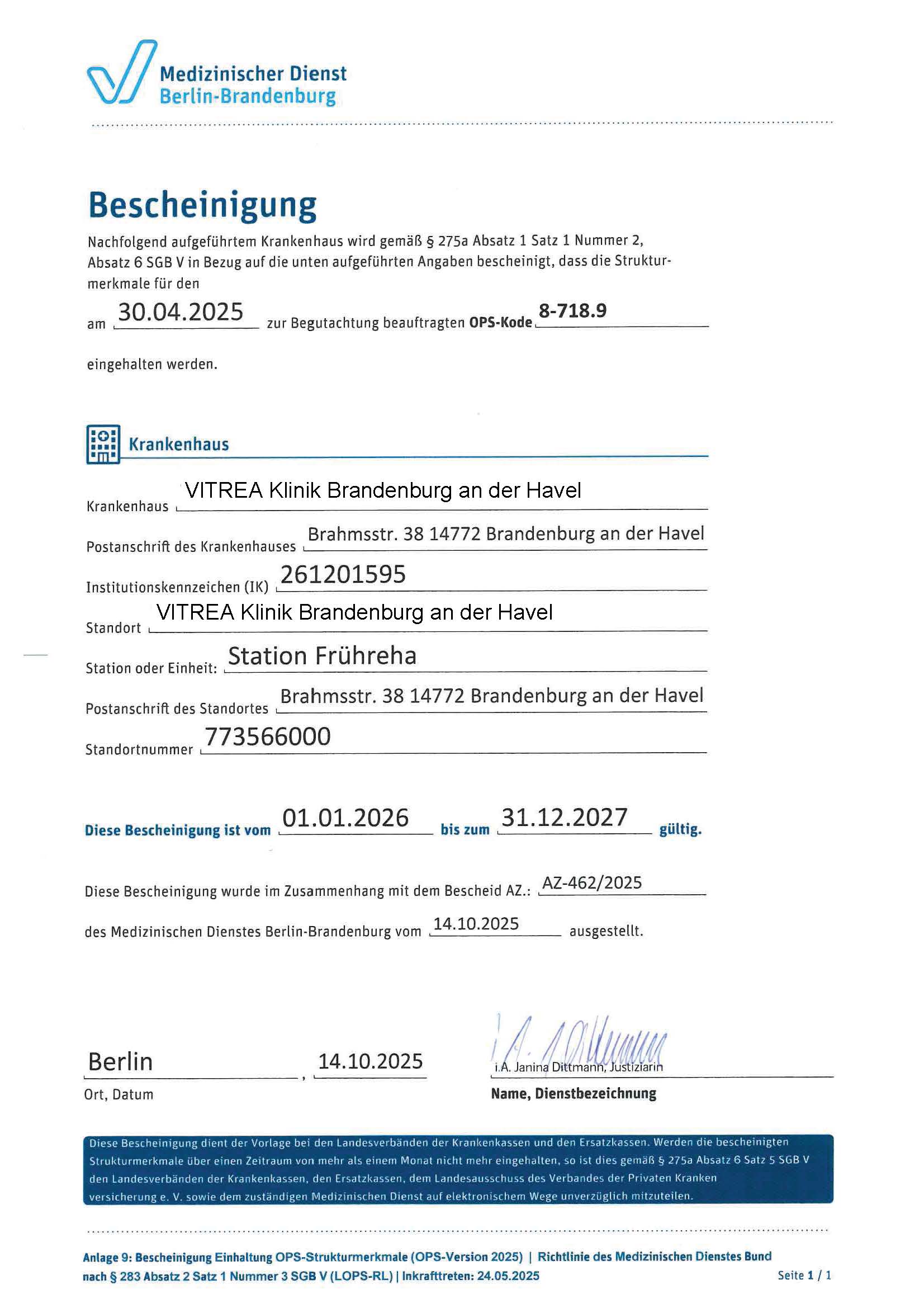 Bescheinigung über eine Beatmungsentwöhnungseinheit (Weaning)