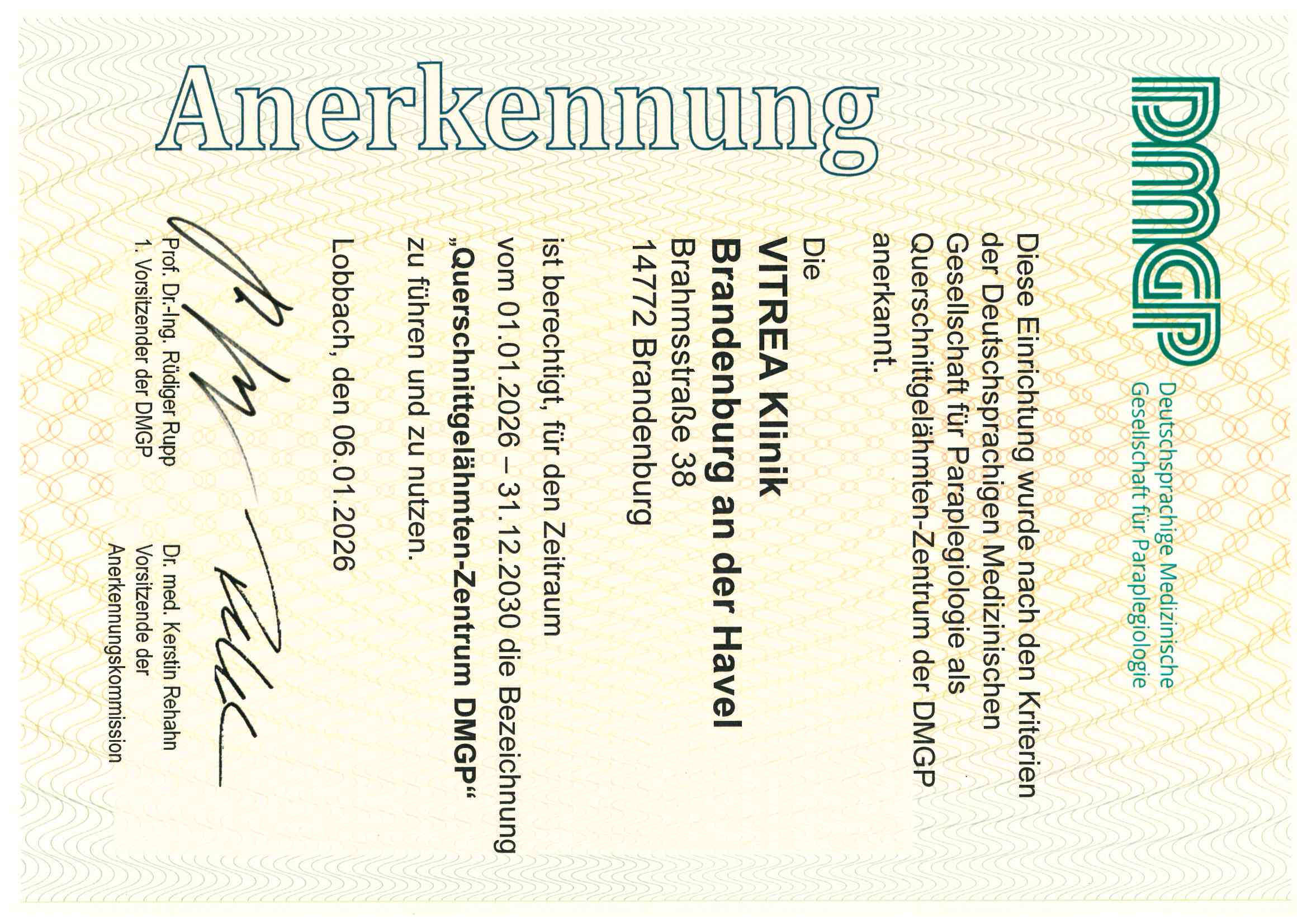 Anerkennung Querschnittgelähmten-Zentrum DMGP