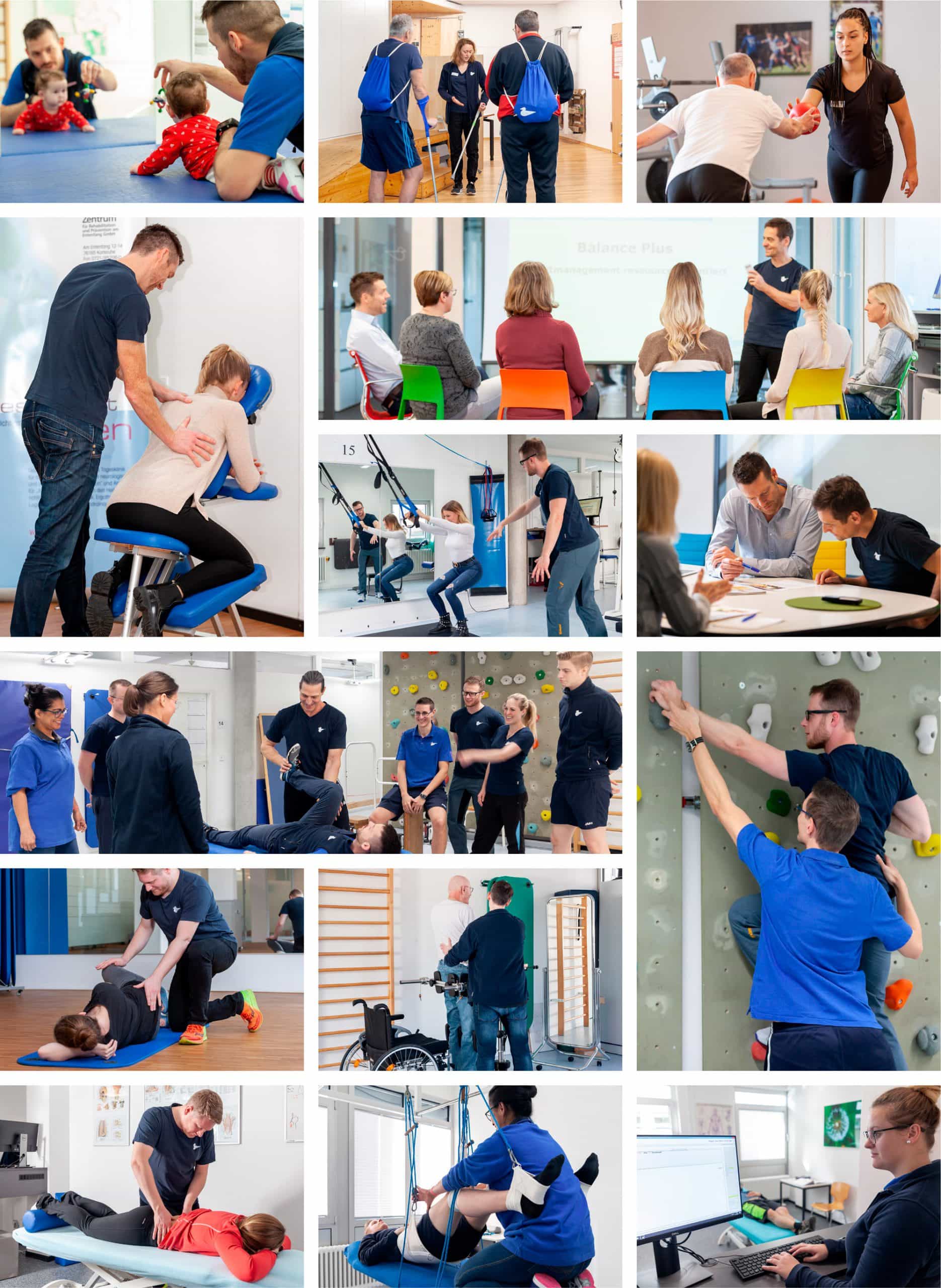 Collage aus verschiedenen Bildern die jeweils Behandlungssituationen im VAMED Rehazentrum Karlsruhe zeigen