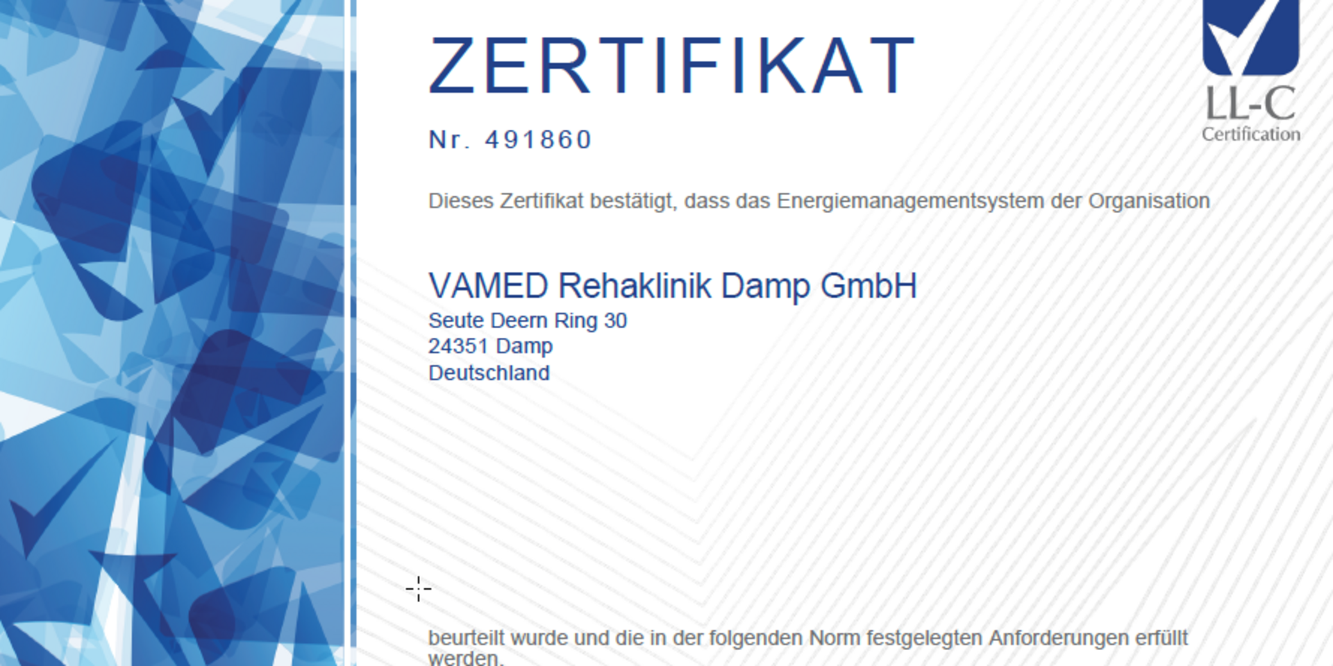 Energiemanagement der Rehaklinik Damp zertifiziert