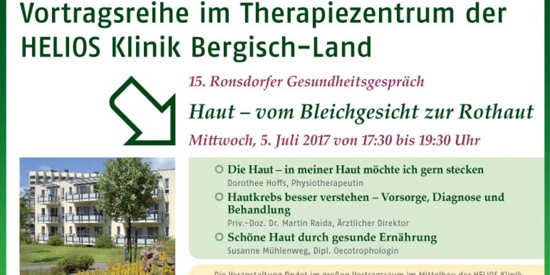 Ronsdorfer Gesundheitsgespräch in der HELIOS Klinik Bergisch-Land: Haut - vom Bleichgesicht zur Rothaut