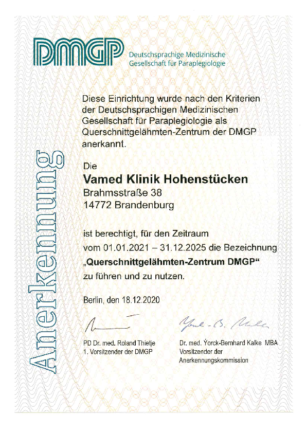 Anerkennung Querschnittgelähmten-Zentrum DMGP