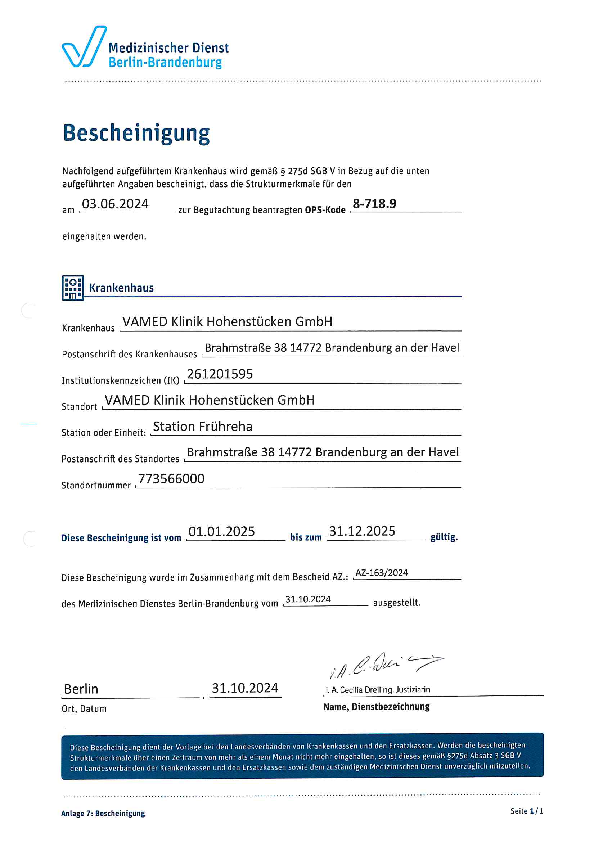 Bescheinigung über eine Beatmungsentwöhnungseinheit (Weaning)