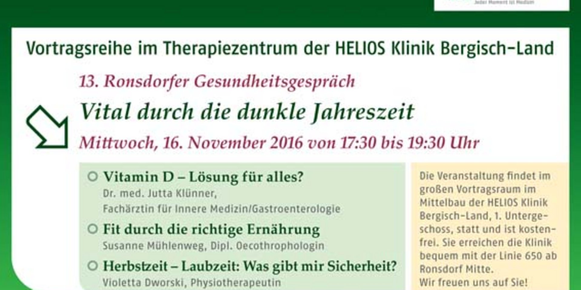 Ronsdorfer Gesundheitsgespräch in der HELIOS Klinik Bergisch-Land: Vital durch die dunkle Jahreszeit